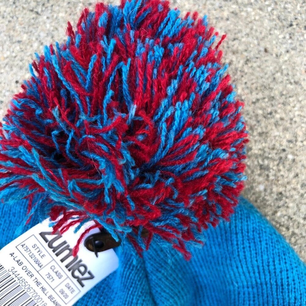 ALAB Pom Beanie Happy Face Mushrooms Hat Cap Blue Ribbed Winter Brand New - Picture 2 of 7